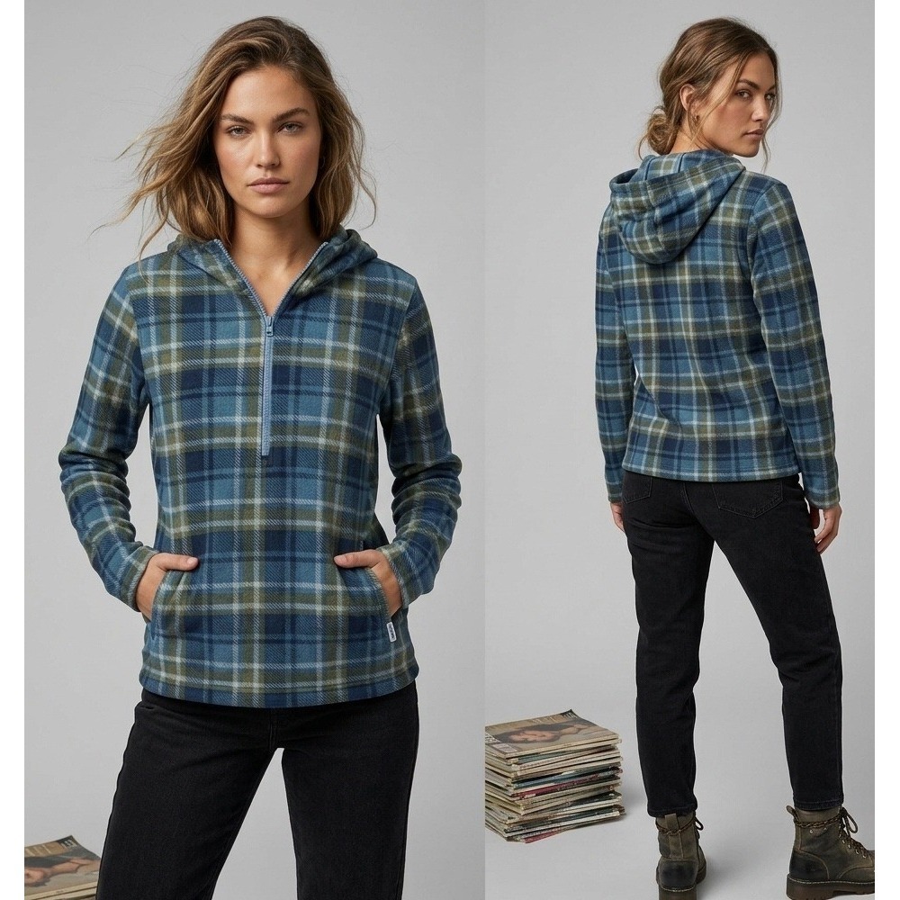 O'Neill Womens Medium Quarter Zip Hoodie Pullover Blue Green Plaid Fleece Warm